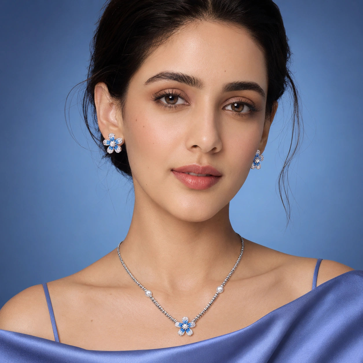 Aqua Bloom Pearl Necklace &amp; Earrings Combo image 1