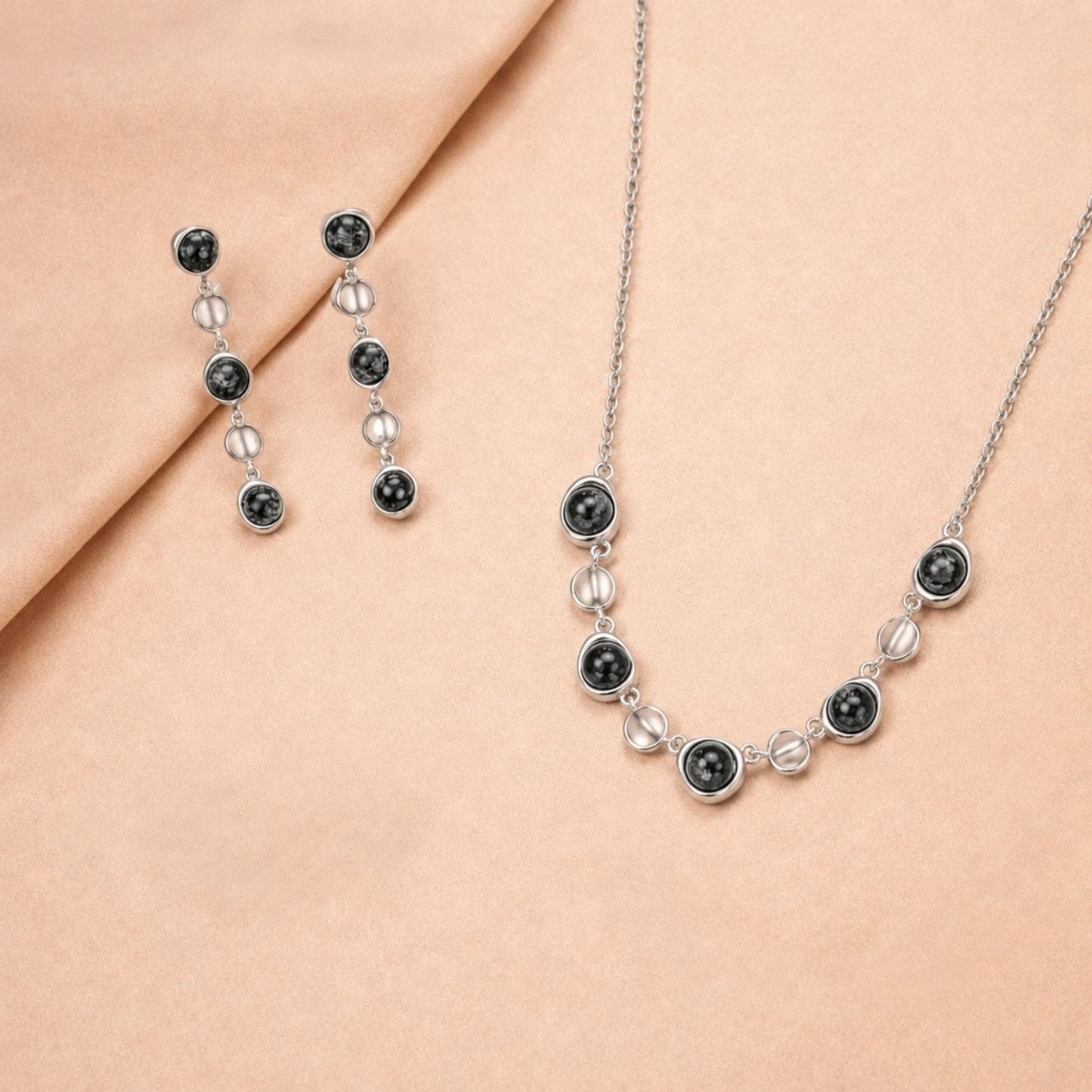 Midnight Pebble Silver Necklace &amp; Earrings Combo image 0
