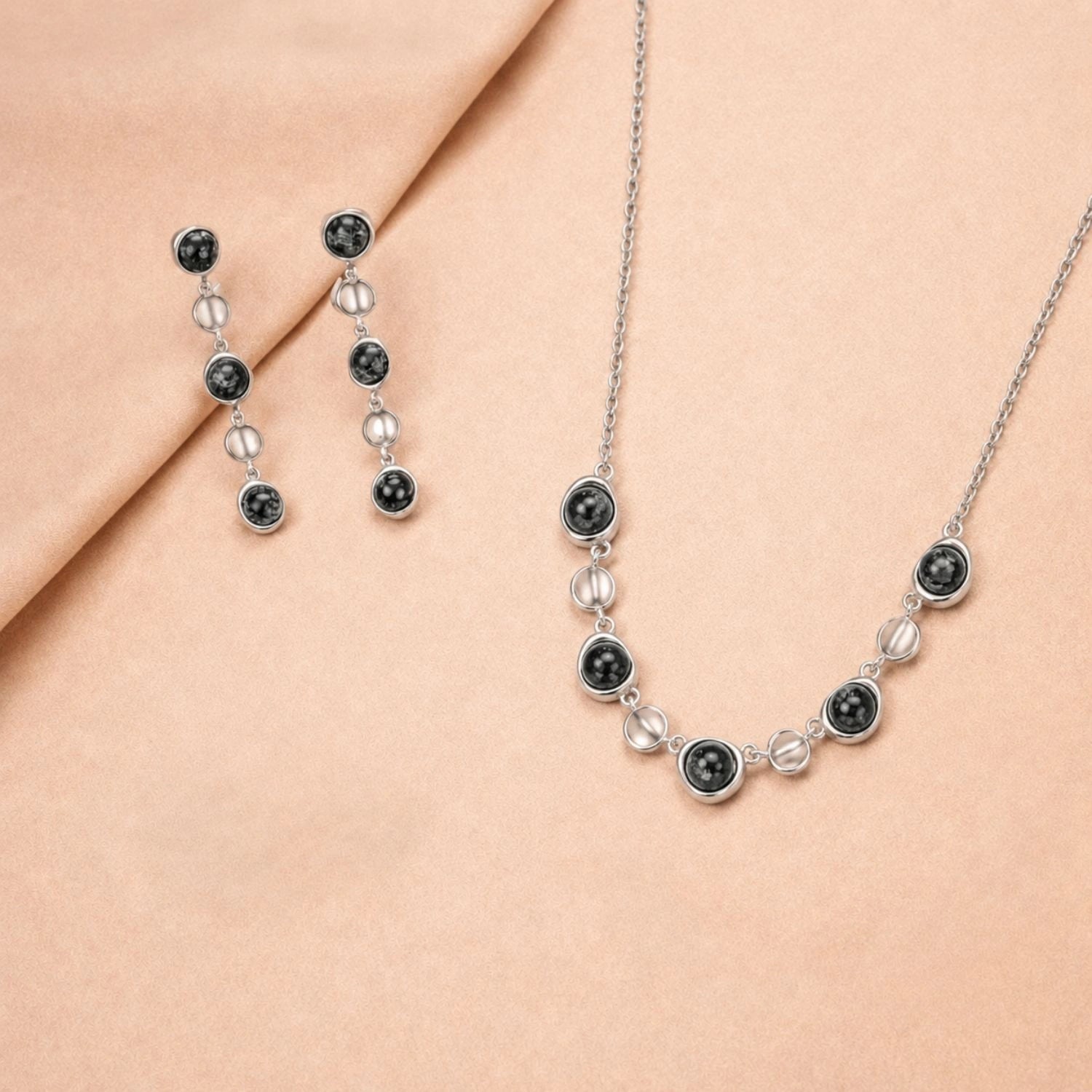 Midnight Pebble Silver Necklace &amp; Earrings Combo image 0