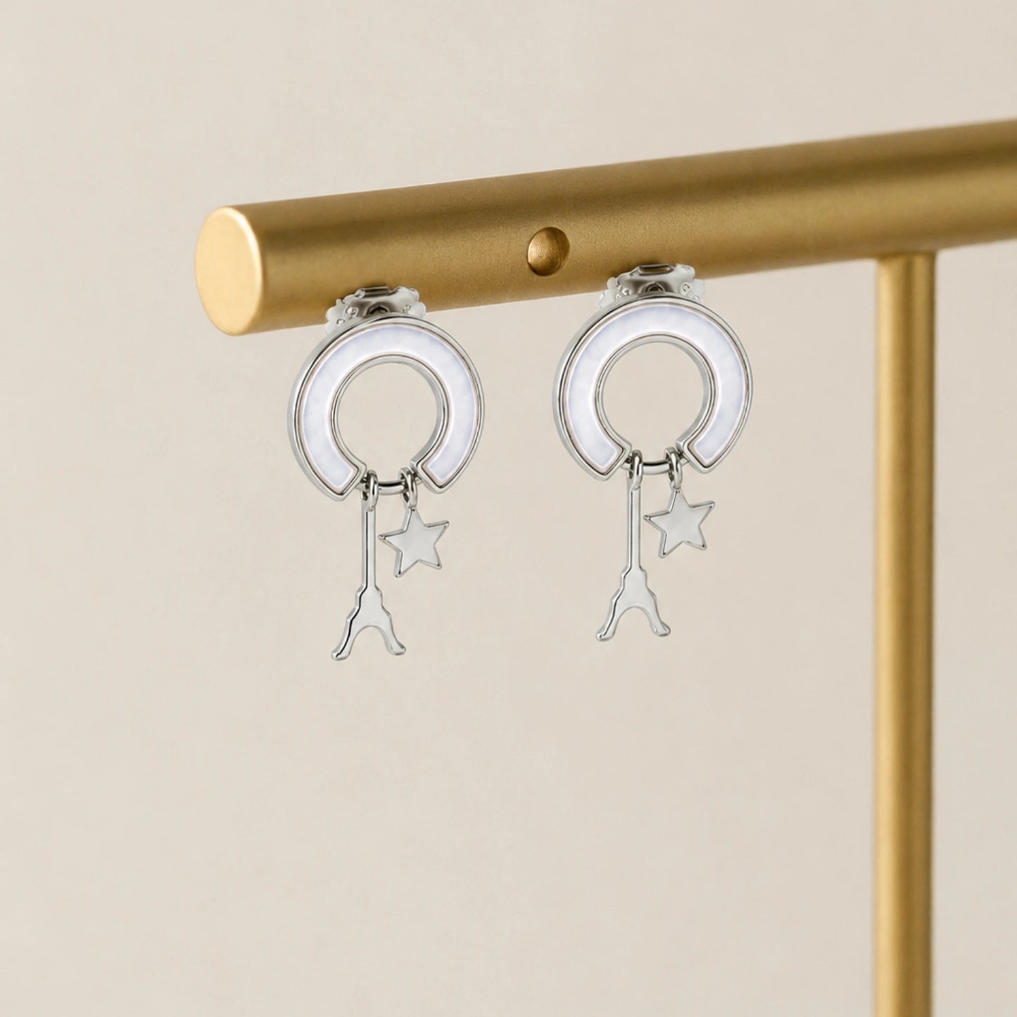 Silver Crescent Moon &amp; Star Drop Earrings image 0