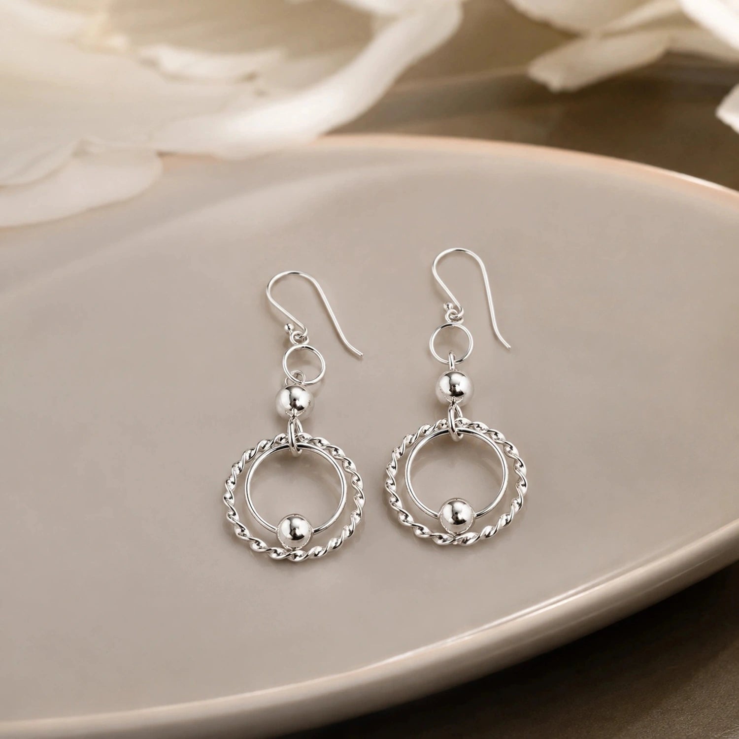 Silver Double Circle Drop Earrings image 0