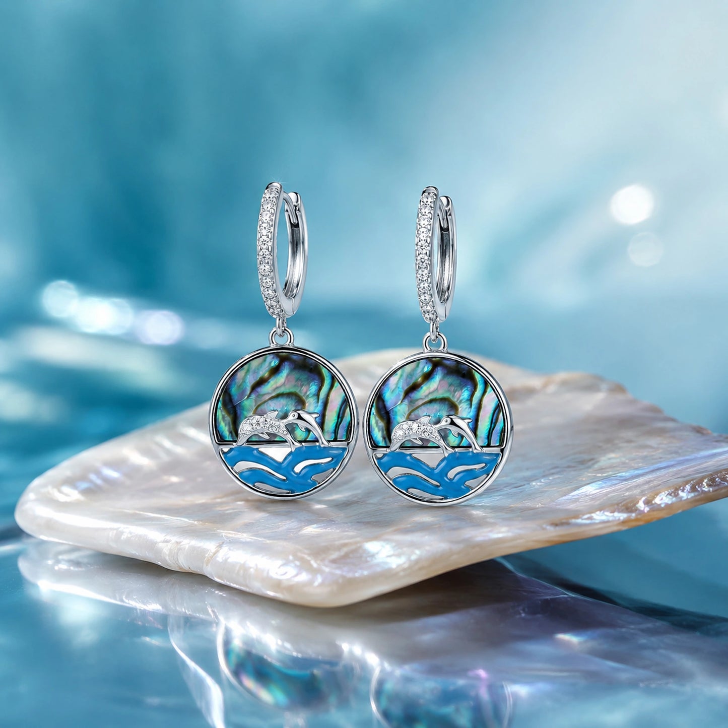 Ocean Dolphin Mother of Pearl Hoop Earrings image 0