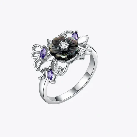 Midnight Bloom Silver Floral Ring