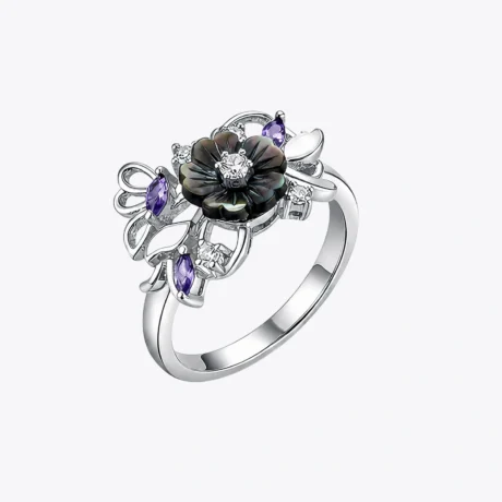 Midnight Bloom Silver Floral Ring