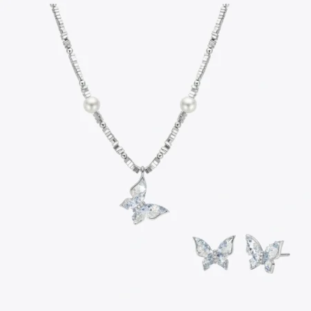ALENCIA Butterfly Wings Crystal & Pearl Silver Set