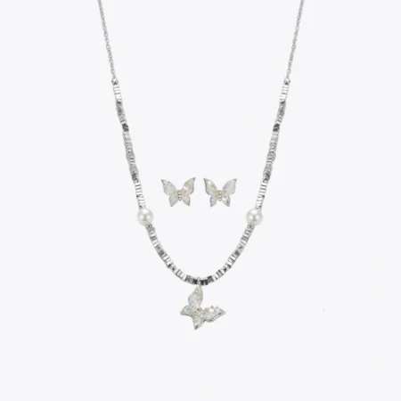 Iridescent Butterfly & Pearl 925 Silver Jewelry Set.