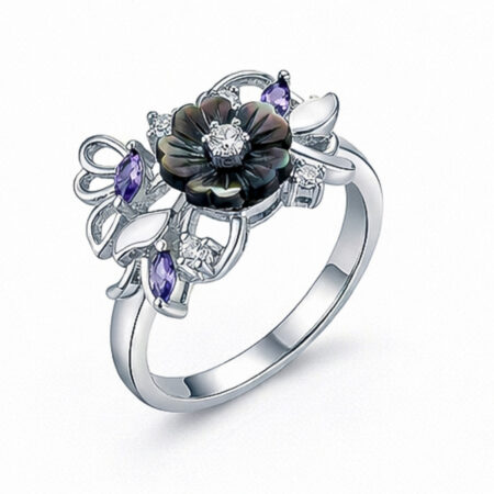 Midnight Bloom Silver Floral Ring