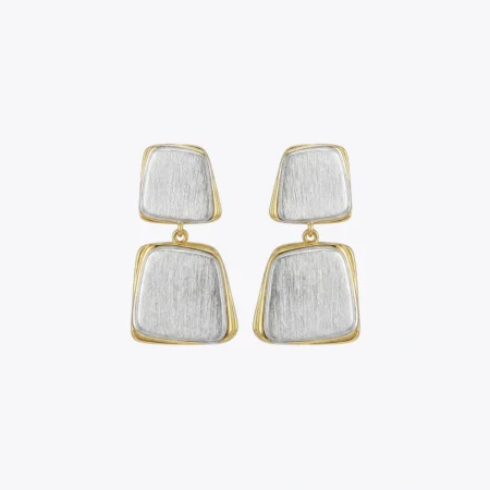Dual-Tone Brushed Square Drop Earrings