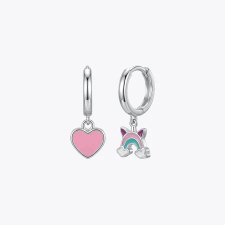 Pink Heart & Rainbow Charm Hoop Earrings