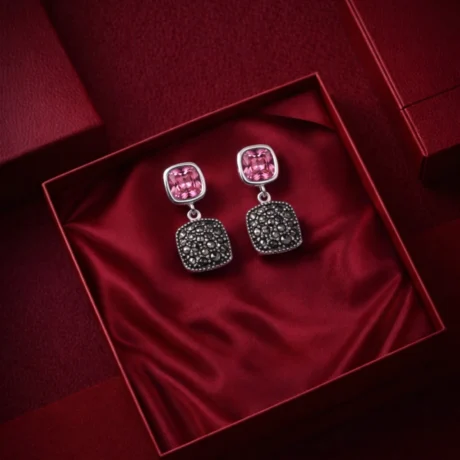 Pink Cushion Drop Marcasite Silver Earrings