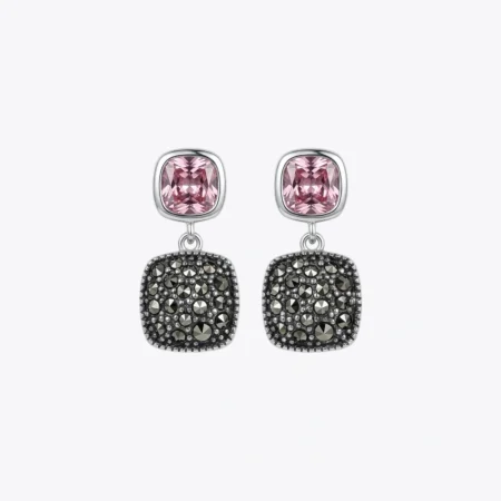 Pink Cushion Drop Marcasite Silver Earrings