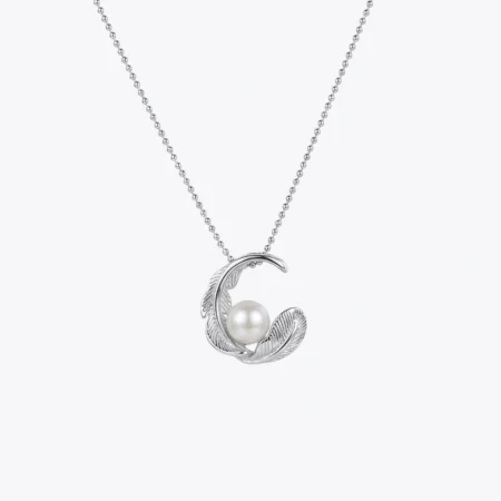 Pearl Feather Crescent Pendant Necklace