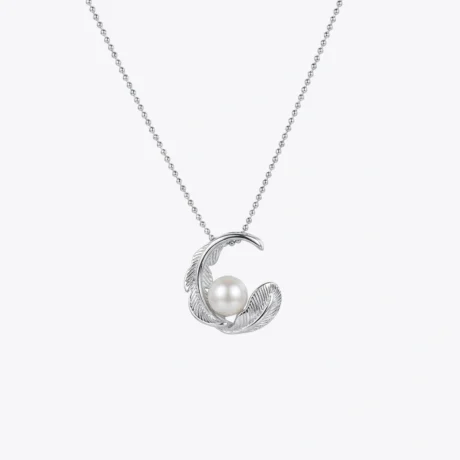 Pearl Feather Crescent Pendant Necklace