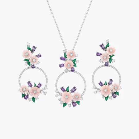 Peach Blossom Floral Silver Pendant Set with Earrings