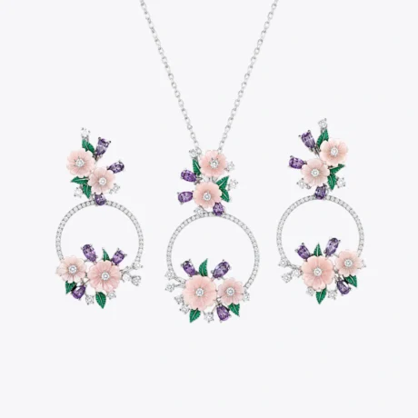Peach Blossom Floral Silver Pendant Set with Earrings